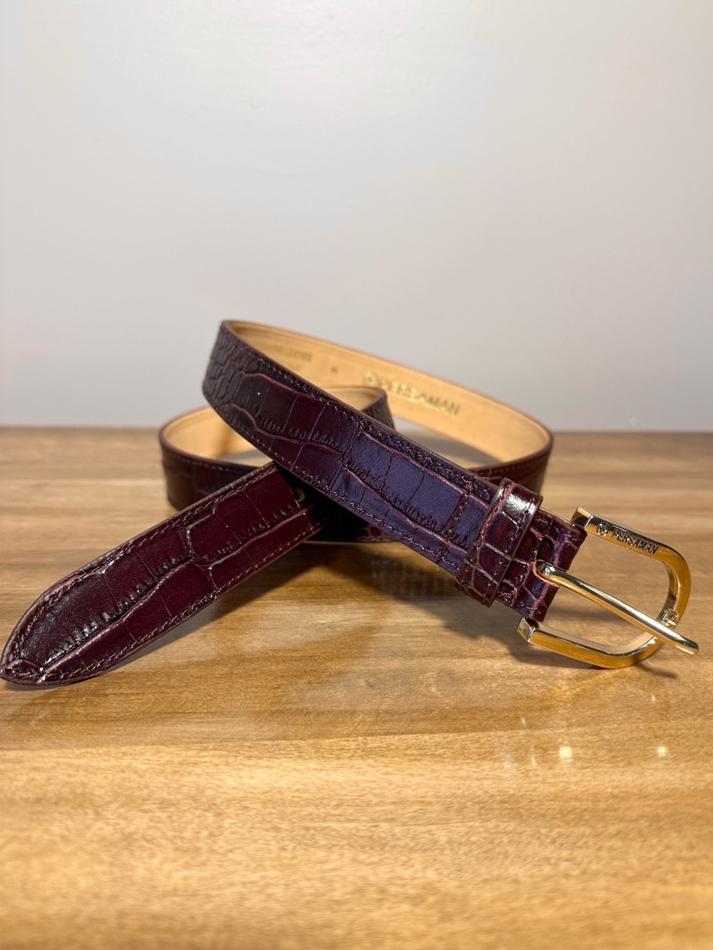 Persaman Genuine Leather Croc-Embossed Belt in Burgundy